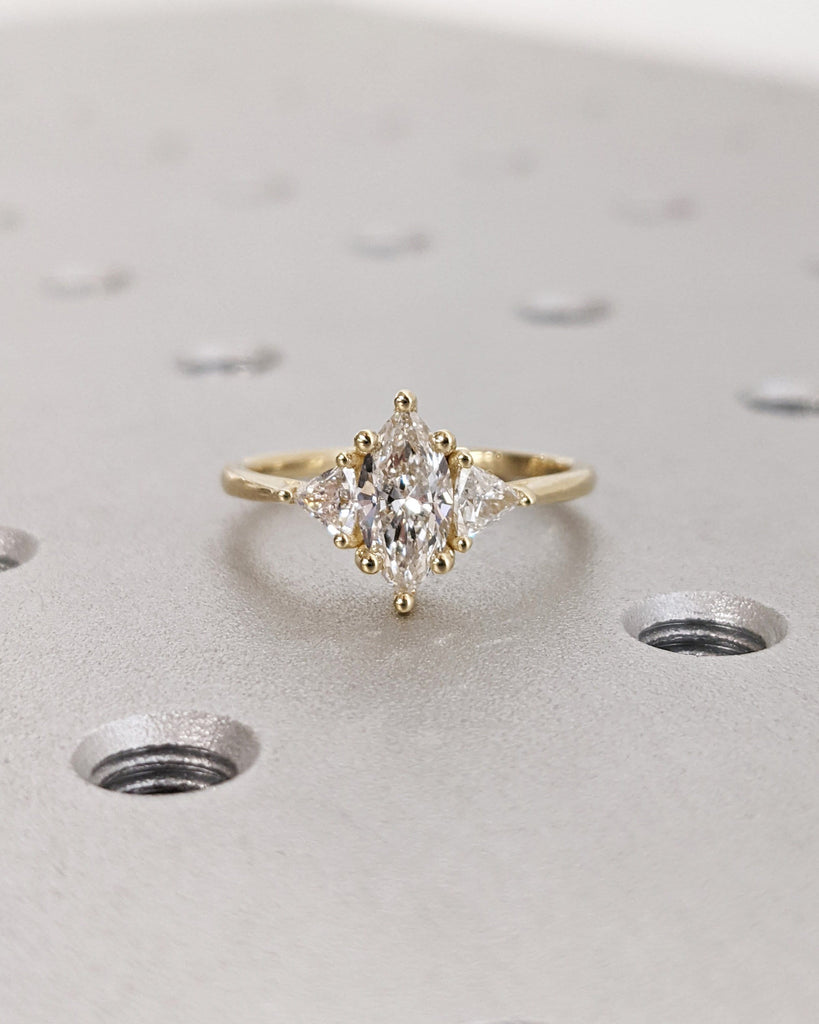 Marquise Cut Engagement Ring, Marquise Moissanite Trillion Geometric Engagement Ring, Wedding Ring, Anniversary Ring 14K Solid Yellow Gold