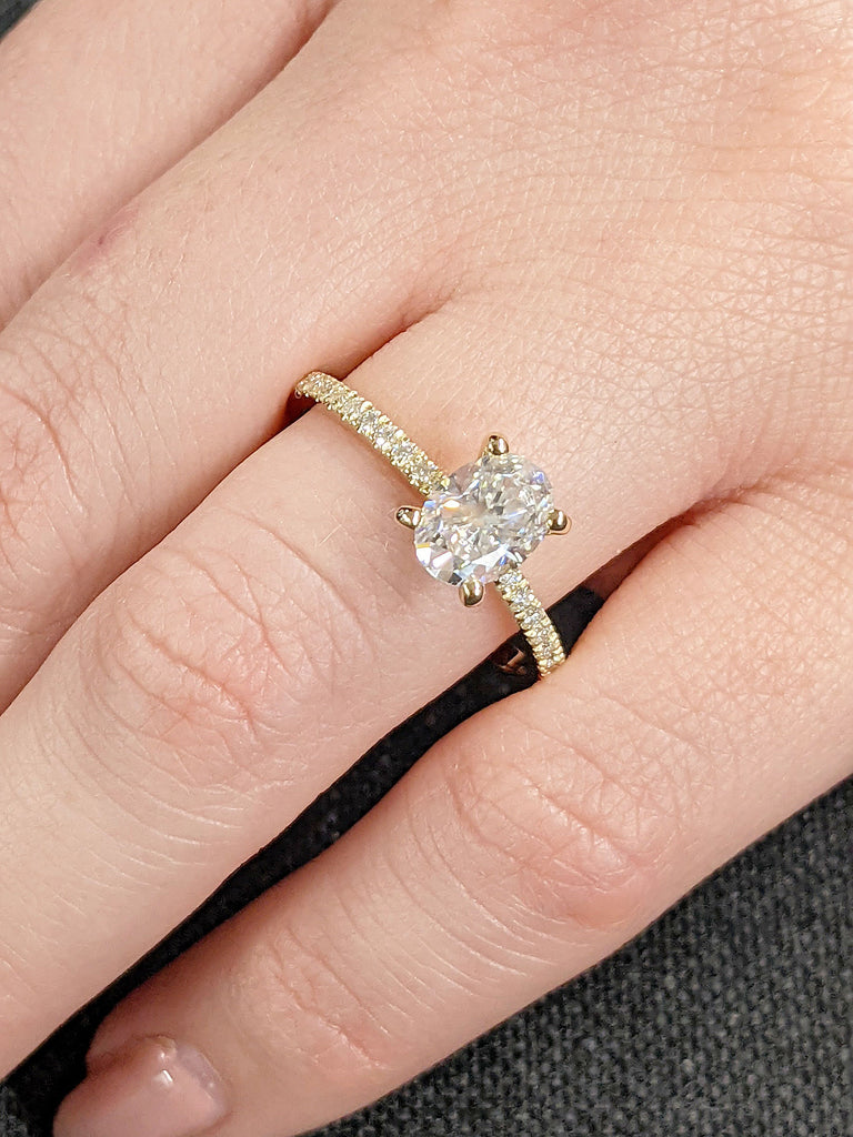 Oval Lab Grown Diamond Engagement Promise Ring for Her | Pave Diamond/Moissanite Half Eternity Band | Solid Gold, Platinum Bridal Jewelry