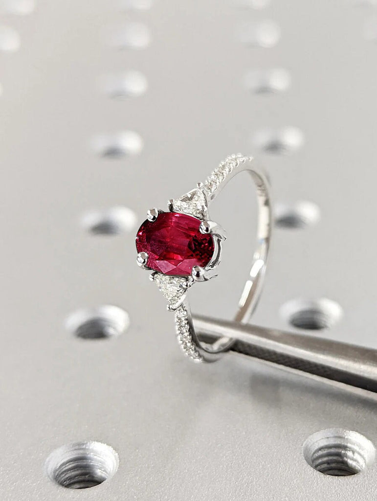 Oval cut Lab Grown Ruby Women Engagement Cocktail Ring | Solid Gold, Platinum Triangle Moissanite Eternity Wedding Band | July Birthstone