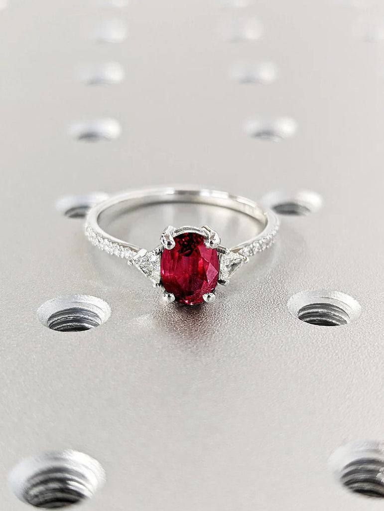 14K 18K White Gold Red Lab Ruby Solitaire Wedding Anniversary Ring for Wife | 3 Stone Trilogy Trillion Diamond Proposal Promise Ring