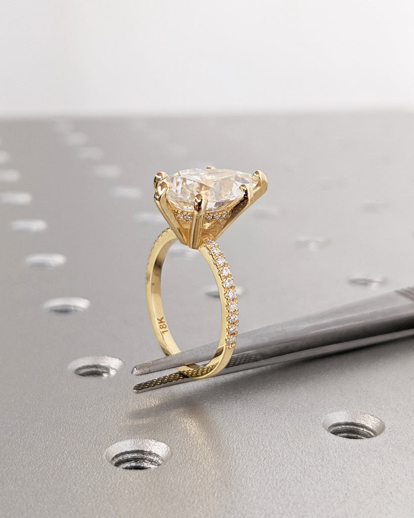 Pear Engagement Ring | Skinny Pear Moissanite | 1.6mm Thin Band | Hidden Halo Moissanite Ring | Diamond Eternity Band | Simple Promise Ring
