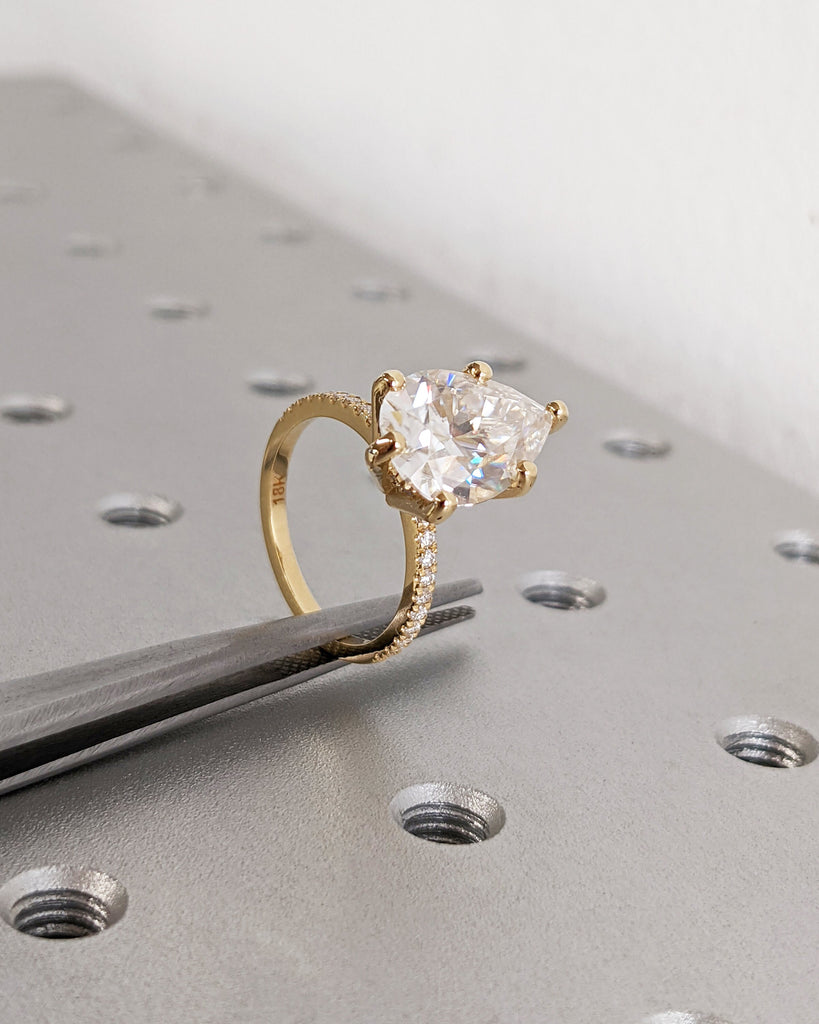 Pear Engagement Ring | Skinny Pear Moissanite | 1.6mm Thin Band | Hidden Halo Moissanite Ring | Diamond Eternity Band | Simple Promise Ring