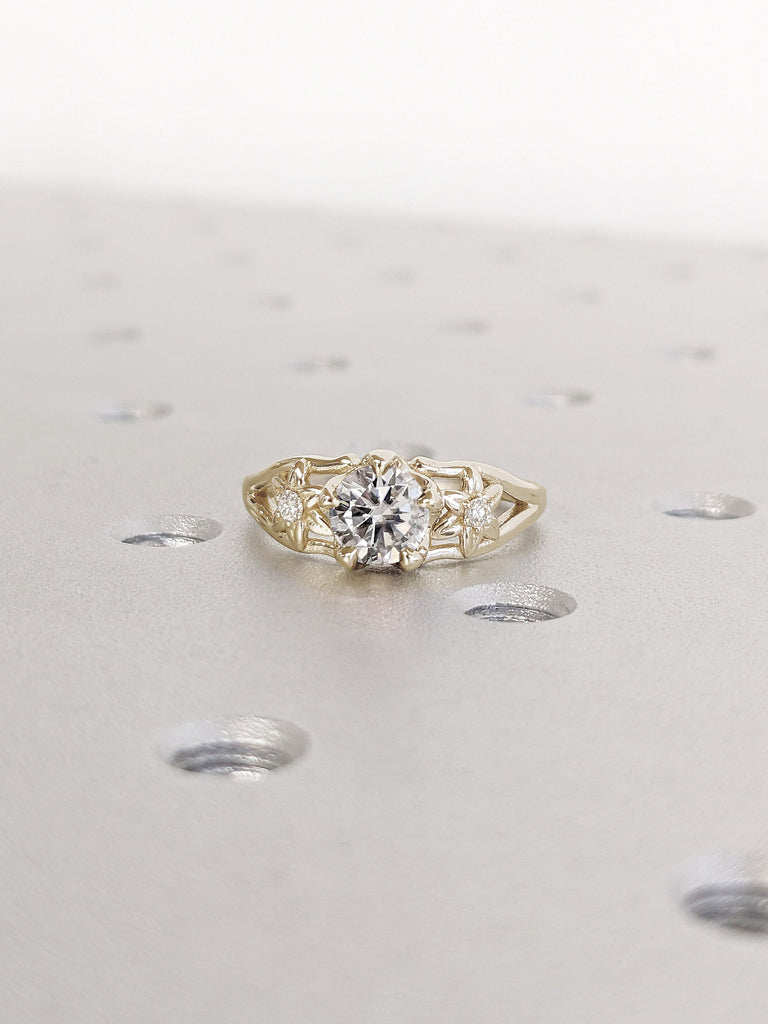 18K Yellow Gold Ring | White Moissanite Three Stone Unique Proposal Ring Gift for Her | Flower Diamond Ring | Starburst Simple Promise Ring