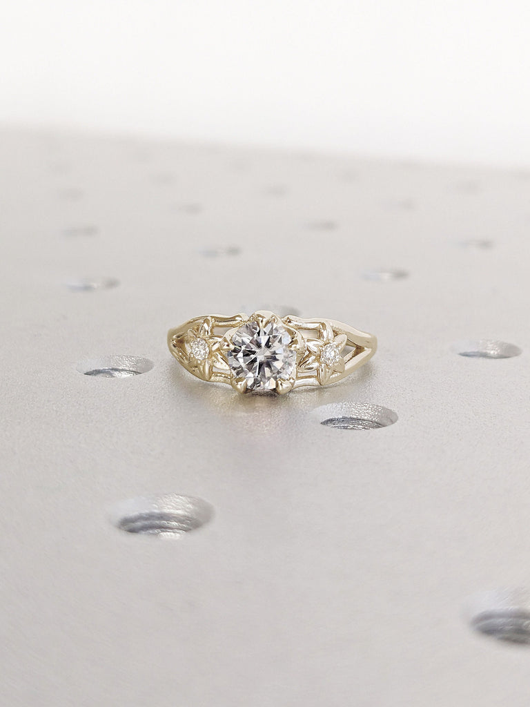 Round Cut Moissanite Flower Three Stone Engagement Ring, Gorgeous Moissanite Wedding Ring, Unique Vintage Engagement Ring, Anniversary Gifts