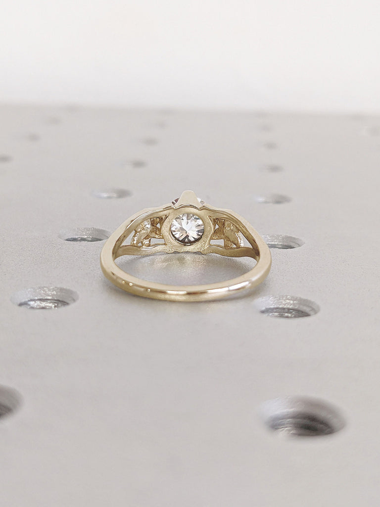 18K Yellow Gold Ring | White Moissanite Three Stone Unique Proposal Ring Gift for Her | Flower Diamond Ring | Starburst Simple Promise Ring