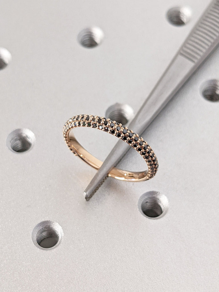Black Diamond Wedding Band | Half Eternity Band | Stacking Ring for Women | 14k 18k White, Yellow, Rose Gold | Handmade Fine Jewelry