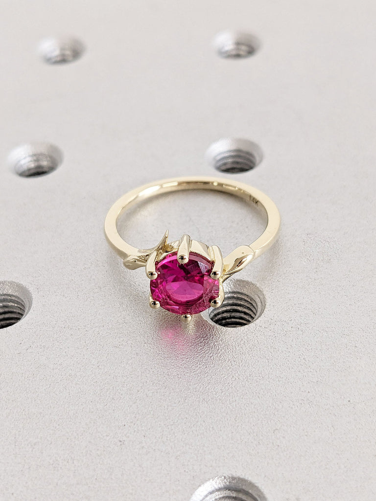 Round cut Red Lab Grown Ruby Rustic Wedding Anniversary Ring for Wife | 14K Yellow Gold Twig and Leaf Promise Ring | July Birthstone Jewelry