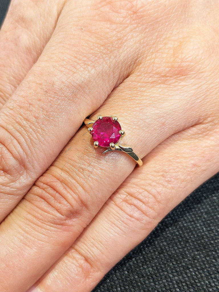 1ct Round cut Red Lab Grown Ruby Wedding Anniversary Ring for Wife | 14K Yellow Gold Leaf Motif Promise Ring | July Birthstone Jewelry