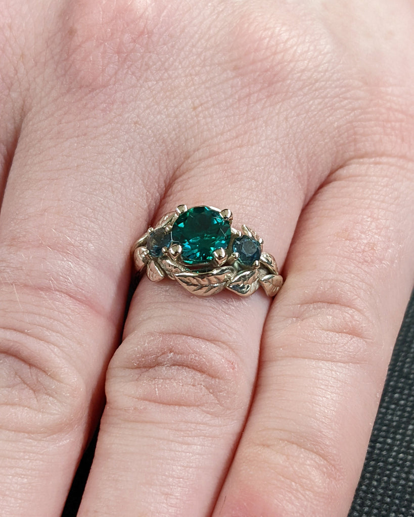 Nature Inspired Emerald Bridal Ring / Branch Emerald Engagement Ring / Leaf Emerald Engagement Ring / Art Deco / Trellis / Peacock Sapphire