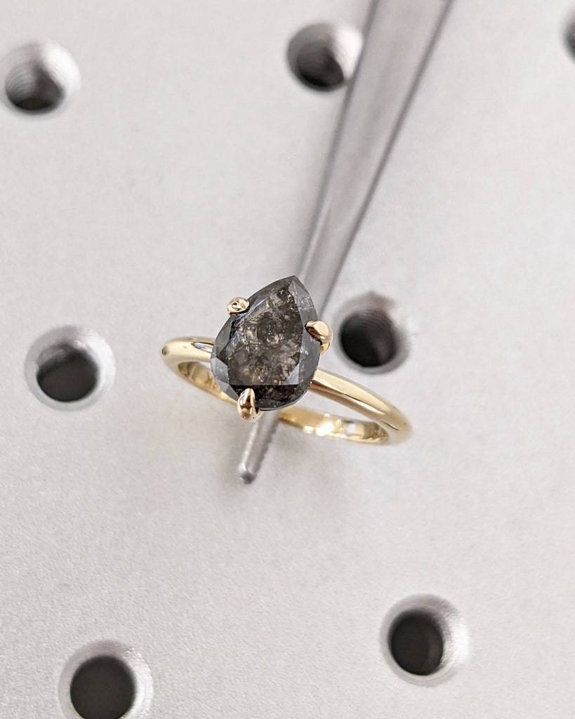 Galaxy Raw Salt and Pepper Diamond Ring- Teardrop Diamond Engagement Ring- Unique Bridal Diamond Promise Ring- 18K Yellow Gold- Solitaire