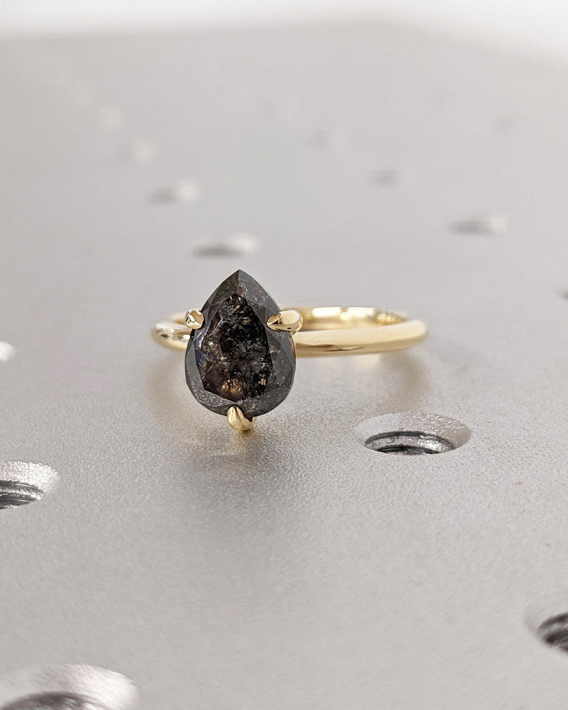 Galaxy Raw Salt and Pepper Diamond Ring- Teardrop Diamond Engagement Ring- Unique Bridal Diamond Promise Ring- 18K Yellow Gold- Solitaire