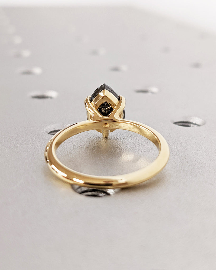Galaxy Raw Salt and Pepper Diamond Ring- Teardrop Diamond Engagement Ring- Unique Bridal Diamond Promise Ring- 18K Yellow Gold- Solitaire