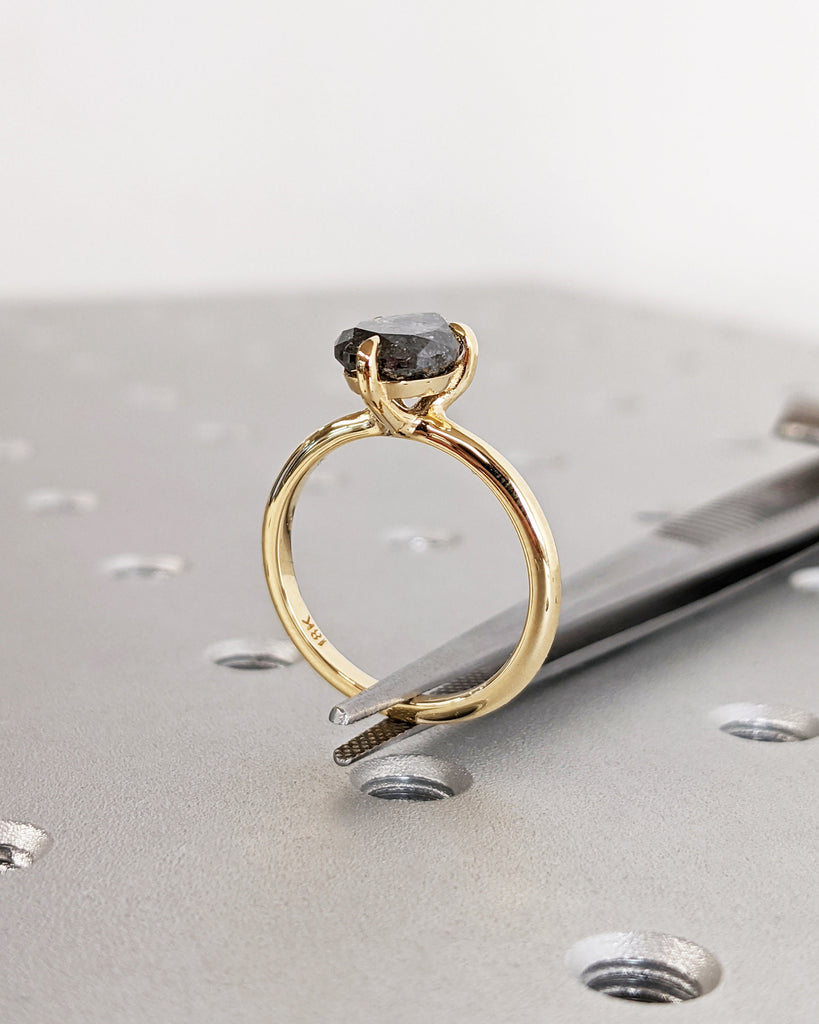 Galaxy Raw Salt and Pepper Diamond Ring- Teardrop Diamond Engagement Ring- Unique Bridal Diamond Promise Ring- 18K Yellow Gold- Solitaire