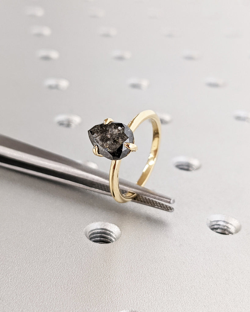 Galaxy Raw Salt and Pepper Diamond Ring- Teardrop Diamond Engagement Ring- Unique Bridal Diamond Promise Ring- 18K Yellow Gold- Solitaire