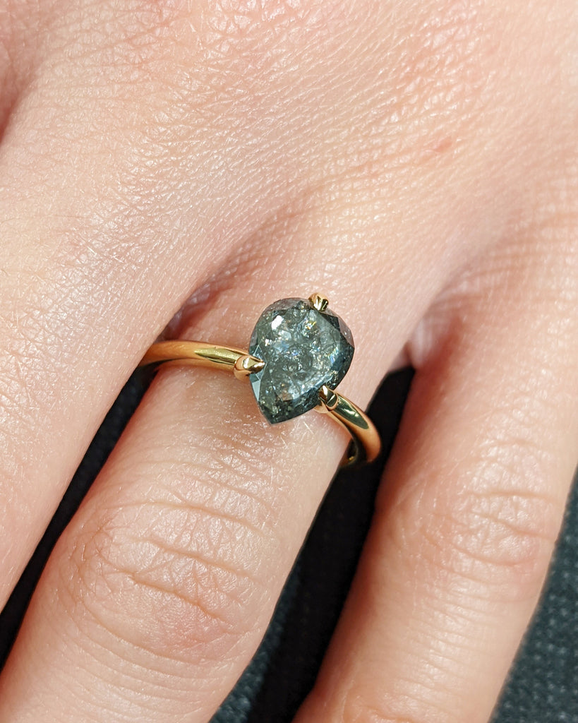 Galaxy Raw Salt and Pepper Diamond Ring- Teardrop Diamond Engagement Ring- Unique Bridal Diamond Promise Ring- 18K Yellow Gold- Solitaire