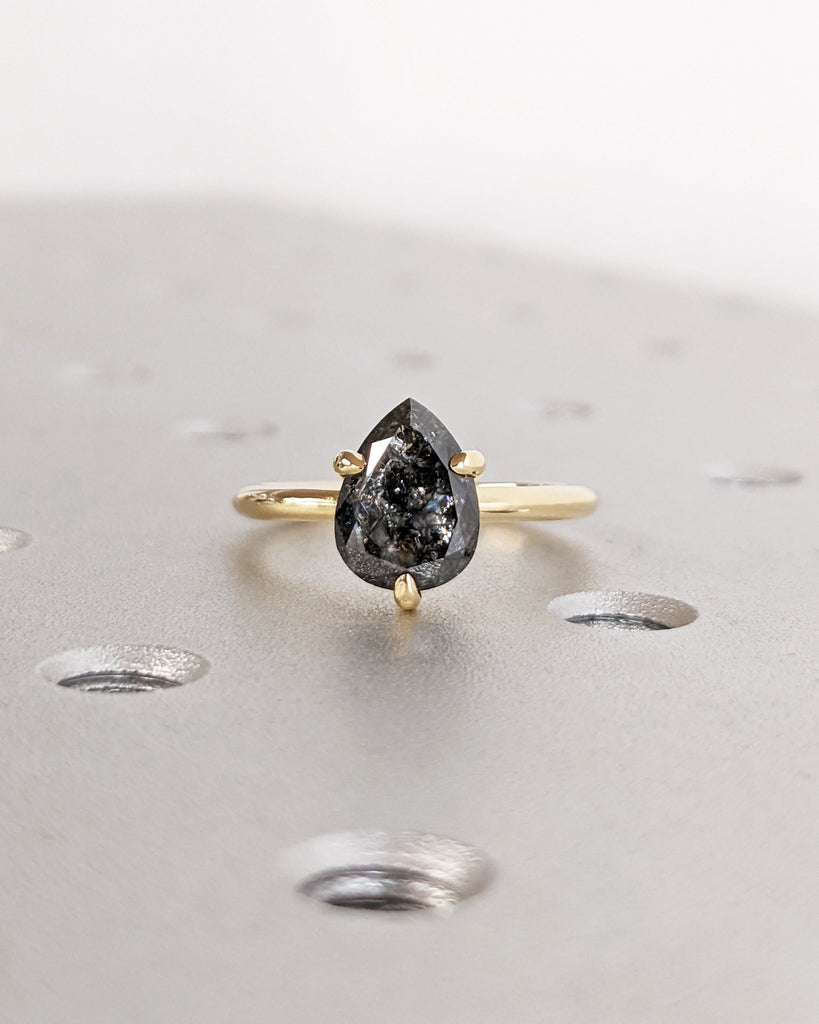 Galaxy Raw Salt and Pepper Diamond Ring- Teardrop Diamond Engagement Ring- Unique Bridal Diamond Promise Ring- 18K Yellow Gold- Solitaire