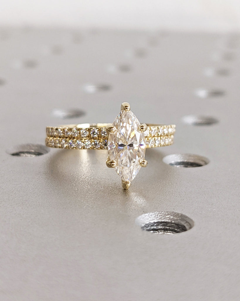 Marquise Cut Moissanite Ring Vintage Moissanite Engagement Ring Solid Gold Unique Six Prongs Engagement Ring Diamond Wedding Ring Bridal Set