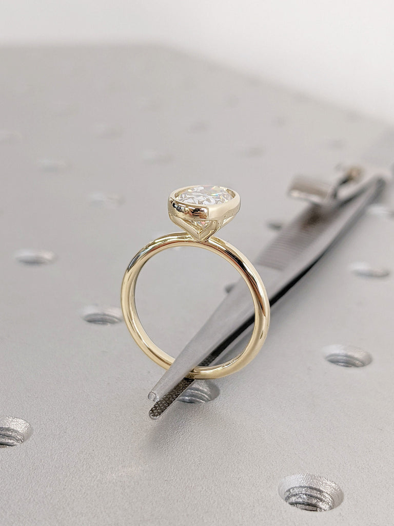 Solid Yellow Gold Lab Grown Diamond Wedding Anniversary Ring Gift for Wife | Minimalist Women Proposal Ring | Bezel set Statement Ring