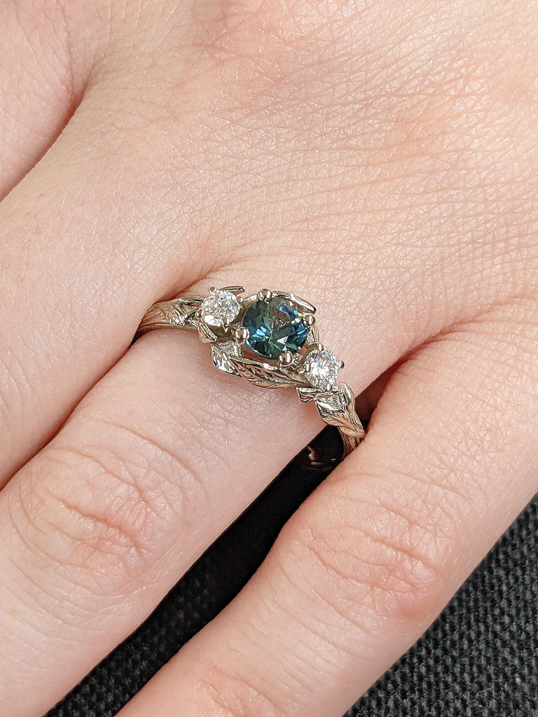 Natural Montana Teal Sapphire Solitaire Unique Twigs and Leaves Proposal Ring | 14K 18K White Gold 3 Stone Moissanite Trinity Promise Ring | Personalized Bridal Jewelry