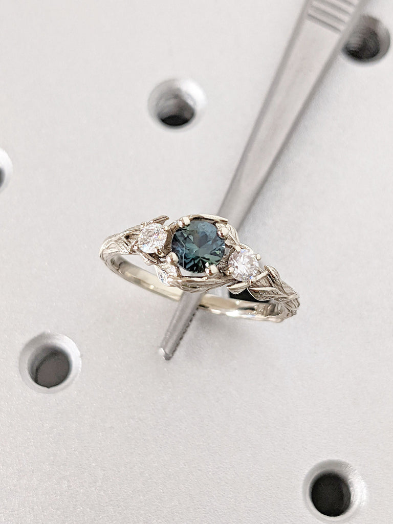 0.5ct Round cut Natural Teal Peacock Sapphire 3 Stone Diamond Wedding Anniversary Ring for Wife | Solid Gold, Platinum Nature Inspired Bridal Jewelry