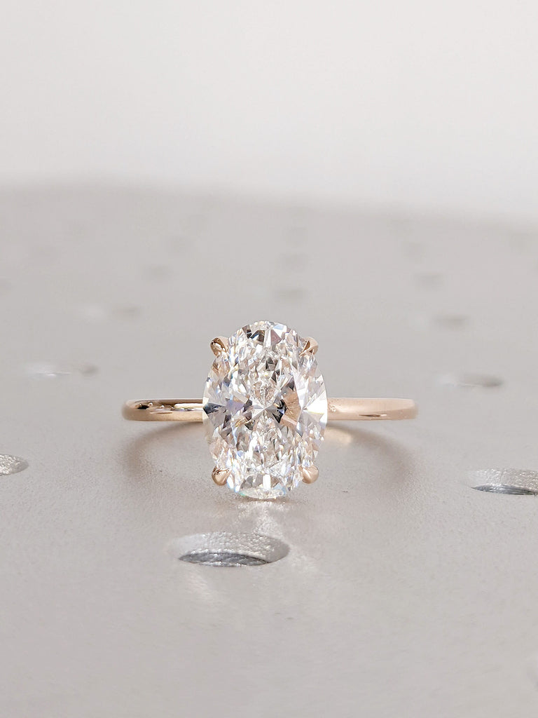 Oval cut VVS Lab Grown Diamond Solitaire Women Wedding Anniversary Ring | Custom 14K 18K Rose Gold Hidden Halo Minimalist Proposal Ring