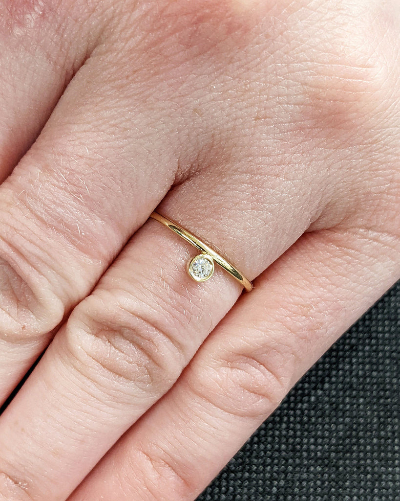 14K Gold Floating Diamond Ring, Tiny Stacking Ring, Offset Tiny Moissantie Ring, Lab Diamond Ring, Dainty Solitaire Ring, Floating Stone