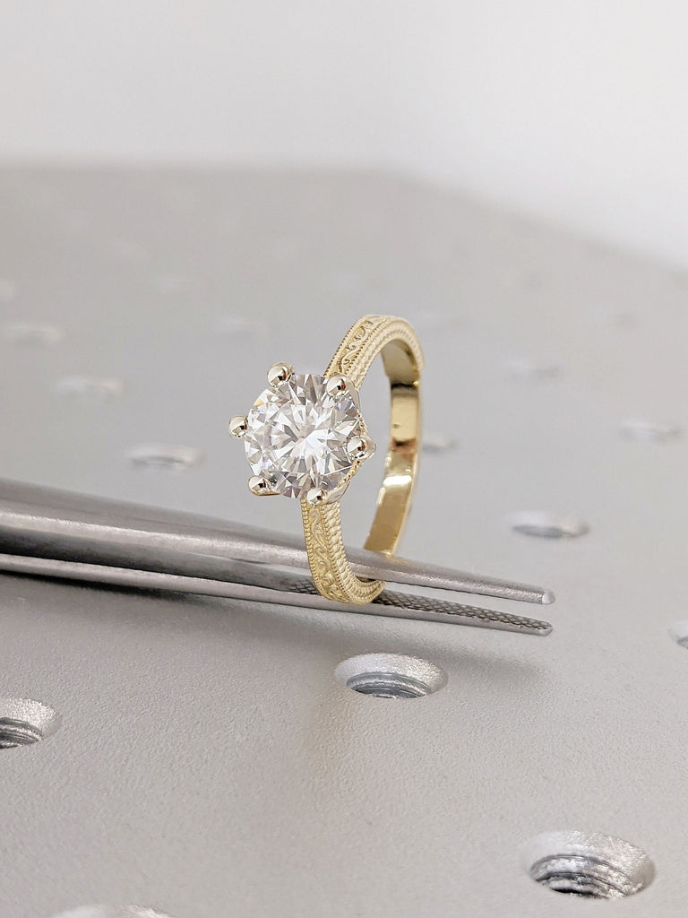 Vintage Art Deco Ring, Engagement Ring, Round cut Lab Diamond Solitaire Proposal Ring, Milgrain High Set Hand Carved Ring, Minimalist Ring, 14K 18K Yellow Gold