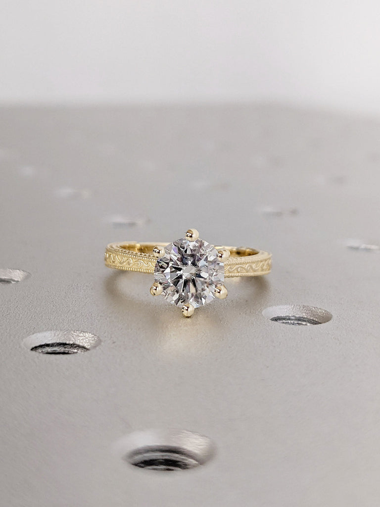 Round Lab Grown Diamond Engagement Ring, 1.8mm Wide Milgrain Filigree Band, Classic Wedding Ring, Unique Vintage Ring, 14K Gold Ring For Her