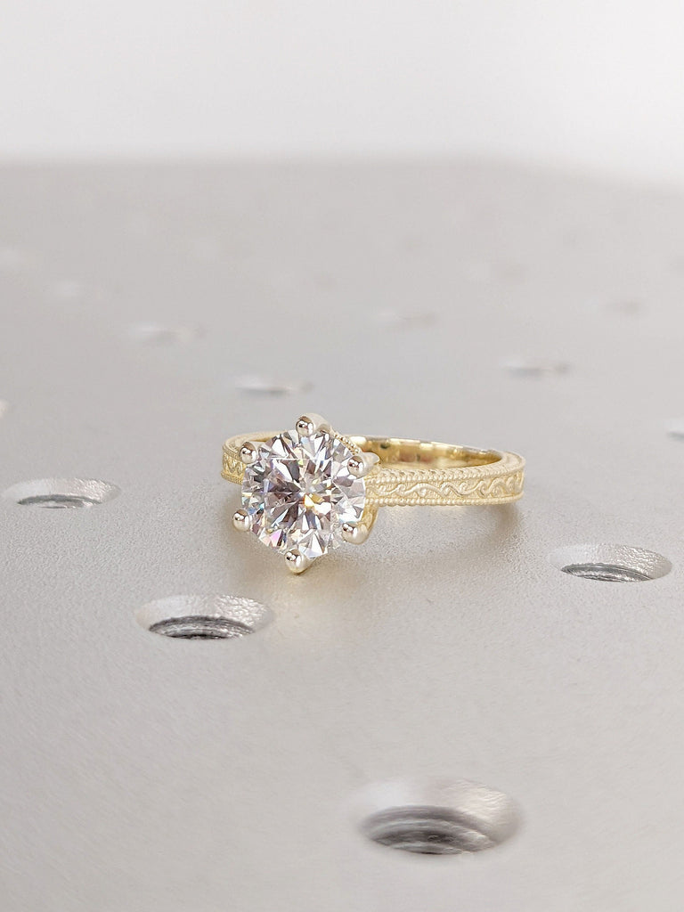 Round Lab Grown Diamond Engagement Ring, 1.8mm Wide Milgrain Filigree Band, Classic Wedding Ring, Unique Vintage Ring, 14K Gold Ring For Her