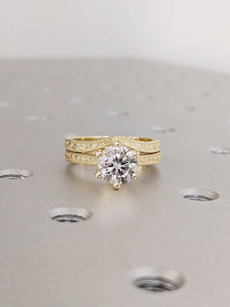 Vintage Round cut Diamond Engagement Ring | Solid Yellow Gold Milgrain Edge Ring | Flowing Vine Ring | Twig Design Ring | Antique Anniversary Promise Bridal Ring