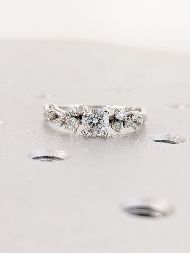 Nature Inspired Round cut Lab Grown Diamond Unique Women Engagement Ring | Snowdrift Diamond Cluster 14K 18K White Gold Thin Wedding Band