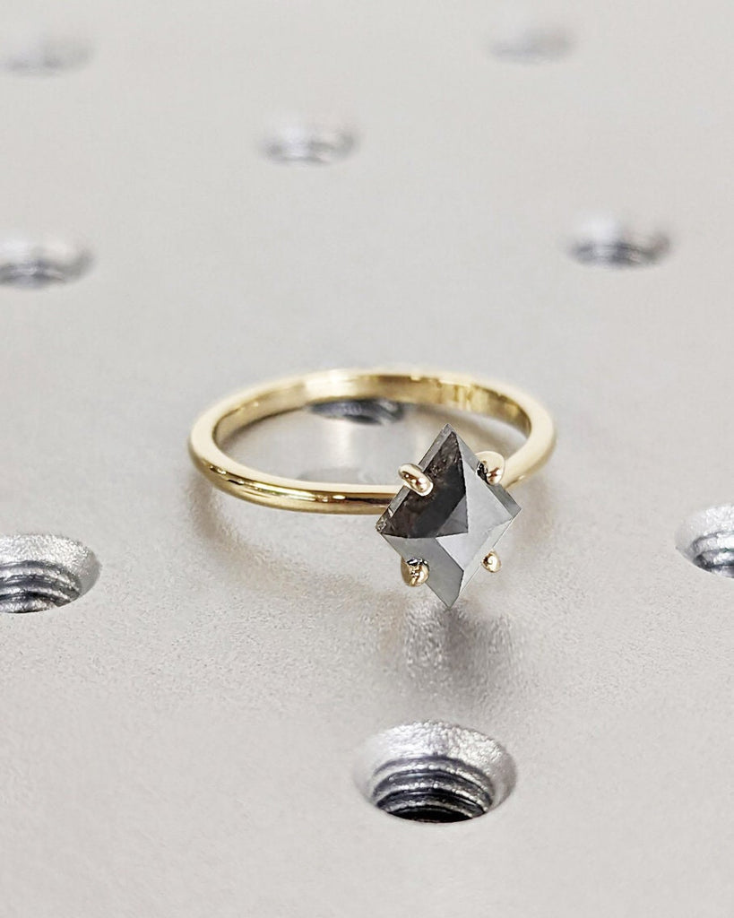 Kite Cut Salt and Pepper Diamond Ring | 4 Prong Solitaire Kite Cut Ring | Solid Gold Rhombus Kite Engagement Ring | Unique Bridal Ring Women