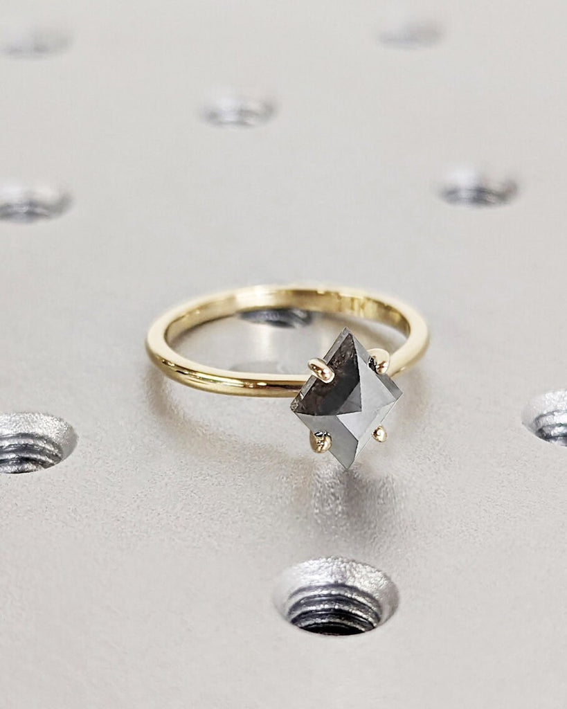 Rhombus Kite Cut Salt and Pepper Diamond Ring | 4 Prong Solitaire Kite Ring | Solid Gold Kite Engagement Ring | Unique Promise Ring For Her