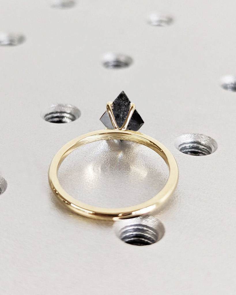 Kite Cut Salt and Pepper Diamond Ring | 4 Prong Solitaire Kite Cut Ring | Solid Gold Rhombus Kite Engagement Ring | Unique Bridal Ring Women