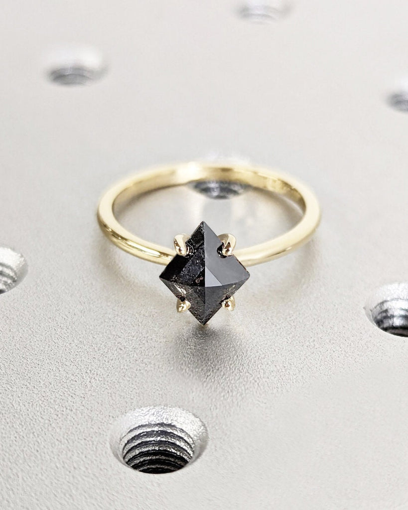 Kite Cut Salt and Pepper Diamond Ring | 4 Prong Solitaire Kite Cut Ring | Solid Gold Rhombus Kite Engagement Ring | Unique Bridal Ring Women