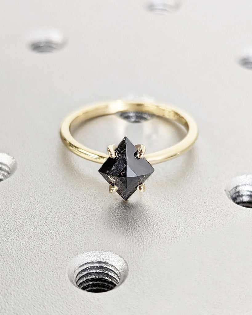 Rhombus Kite Cut Salt and Pepper Diamond Ring | 4 Prong Solitaire Kite Ring | Solid Gold Kite Engagement Ring | Unique Promise Ring For Her