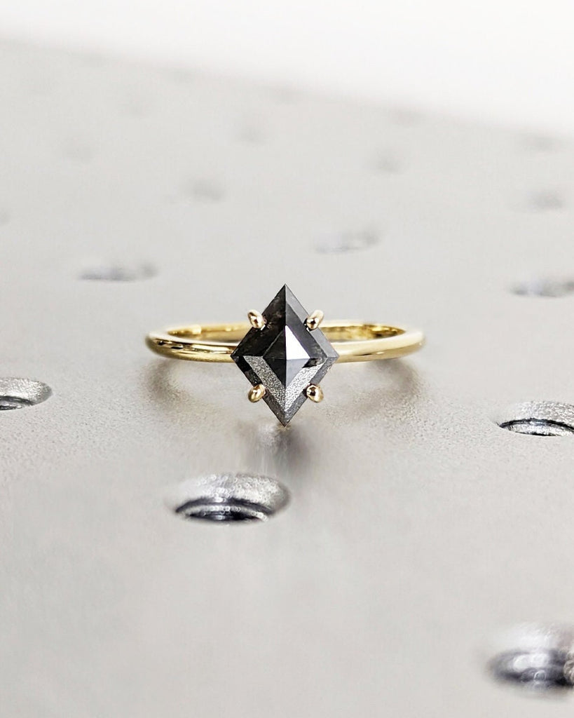 Rhombus Kite Cut Salt and Pepper Diamond Ring | 4 Prong Solitaire Kite Ring | Solid Gold Kite Engagement Ring | Unique Promise Ring For Her