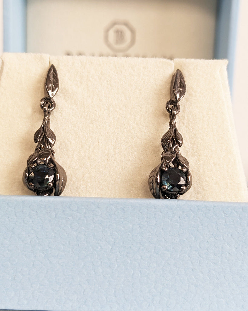 14K Black Gold Peacock Sapphire Dangle Earrings | Black Goth Leaf Dangle Earrings | Solid Gold Stud | Push Back Earring | Nature Inspired