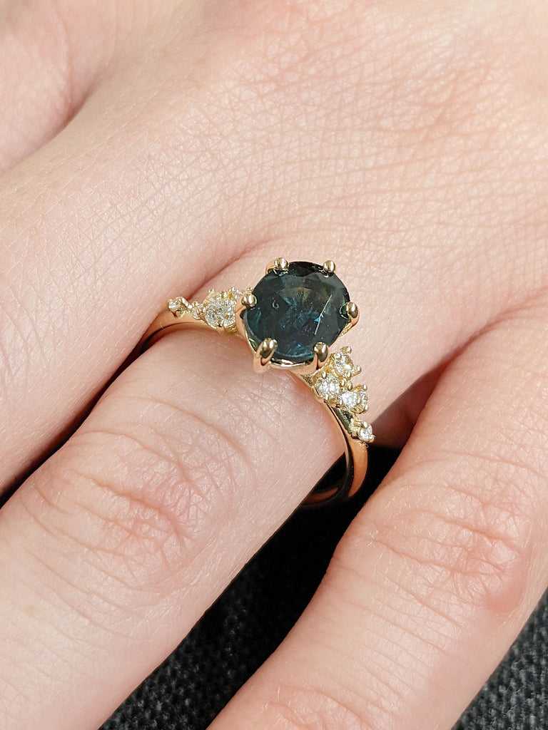 One of a kind Montana Sapphire Ring | Blue Green Sapphire Diamond Cluster Ring | Vintage Inspired Teal Sapphire Engagement Ring | 14K Gold