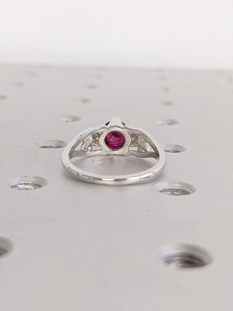 Celestial Inspired Round cut Red Lab Ruby Engagement Cocktail Ring | My Sun & Stars Diamond Split Shank Wedding Band | 14K 18K Gold Platinum