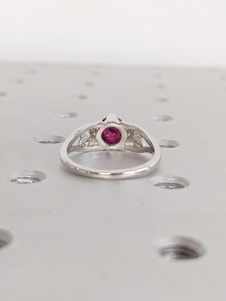 July Birthstone Lab Grown Ruby Wedding Anniversary Ring for Wife | Starburst Flower Moissanite Proposal Ring | 18K White Gold Bridal Jewelry