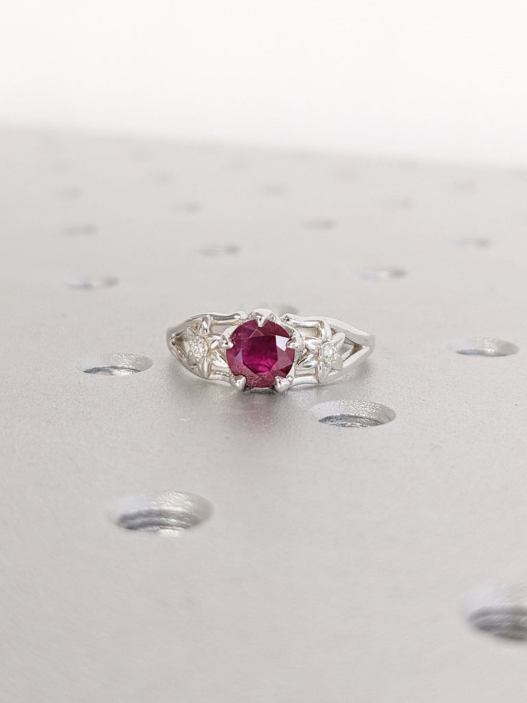 July Birthstone 1ct Lab Grown Ruby Solitaire Unique Astra Proposal Ring | 14K 18K Gold Moissanite Wedding Band