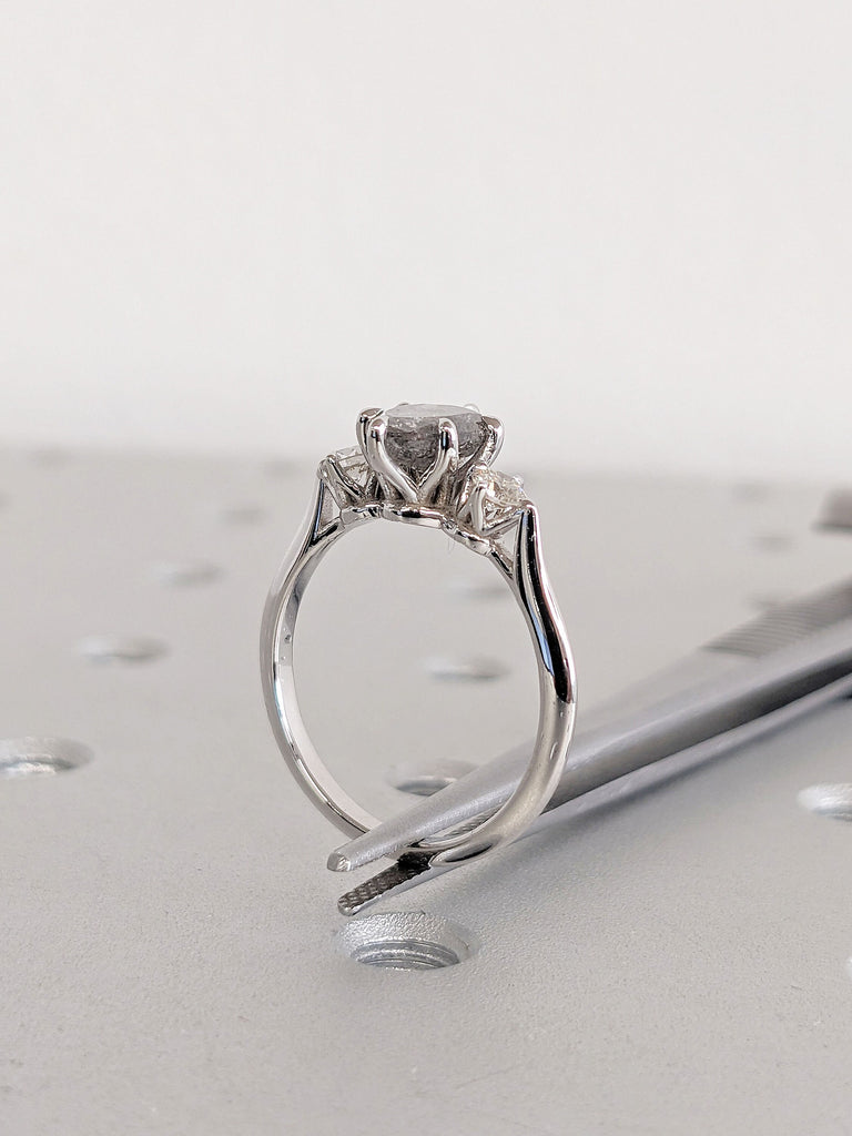 3 Stone Salt and Pepper Diamond Trellis Proposal Ring for Her | Solid Gold, Platinum Moissanite Wedding Ring