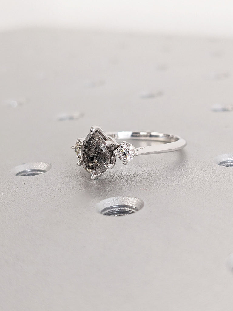 Pear cut Natural Salt and Pepper Grey Diamond Engagement Cocktail Ring | 14K 18K White Gold Polished Wedding Band | Classic Talon Prong Ring