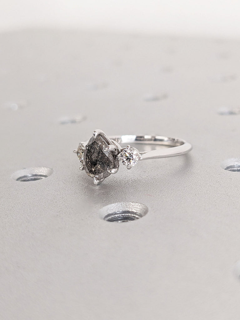 Salt Pepper Diamond Ring, Alternative Diamond Engagement Ring, Unique Pear Diamond Trellis Ring, Unique Rustic Three Stone Grey Diamond Ring