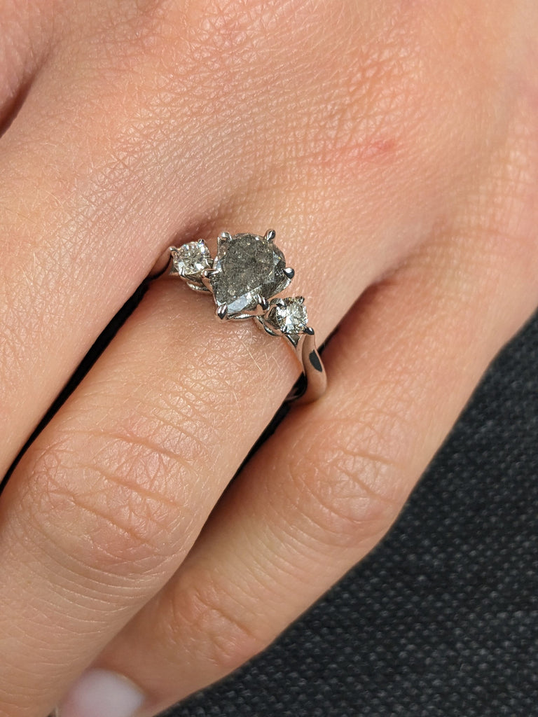 Three Stone Salt and Pepper Diamond Trilogy Engagement Ring | 14K White Gold Multi Stone Moissanite Promise Ring | Alternative Bridal Jewelry