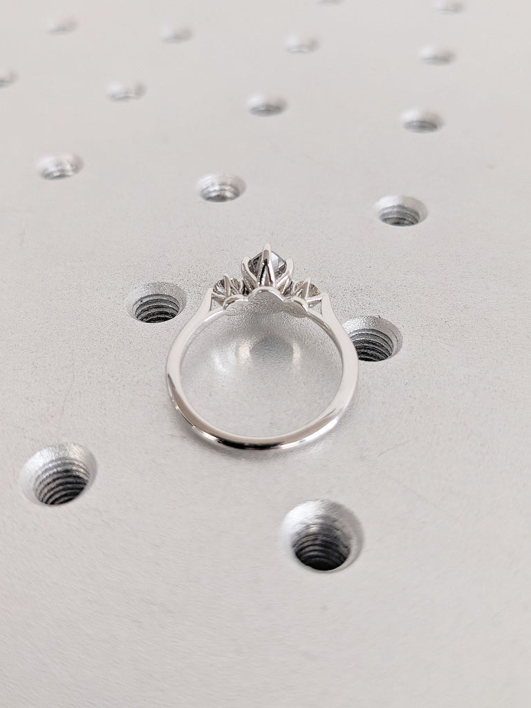 Grey Salt and Pepper Diamond Teardrop Ring, Pear Engagement Ring, 3 Stone Ring, Round Diamond or Moissanite, Trellis White Gold Promise Ring