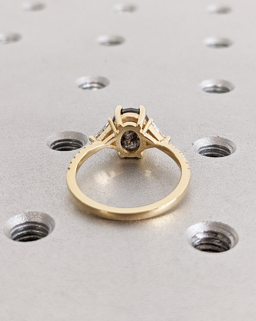 Raw Diamond Oval Triangle Diamond, Salt and Pepper, Unique Engagement Ring, Geometric Diamond Ring, 14k Gold, Custom Handmade, Art Deco Ring