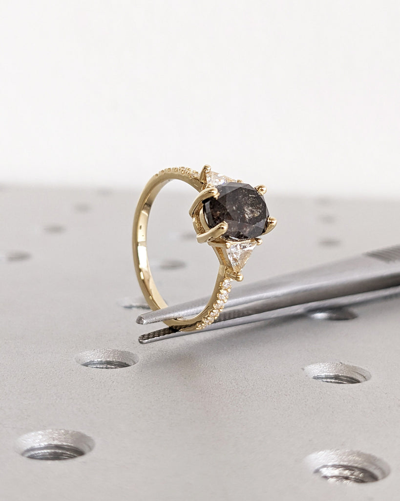 Raw Diamond Oval Triangle Diamond, Salt and Pepper, Unique Engagement Ring, Geometric Diamond Ring, 14k Gold, Custom Handmade, Art Deco Ring