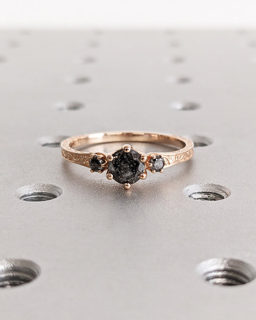 Raw Salt and Pepper Diamond Rose/White/Yellow/Black Gold Engagement Ring Art Deco 1920's Inspired Thin Petite Band 14k Unique Ring for Her